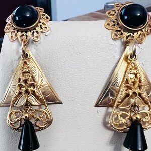 Gold Filigree Triangle Drop Earrings with Black Bead
